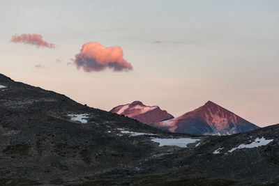 Scenic view of mountains against sky during sunset