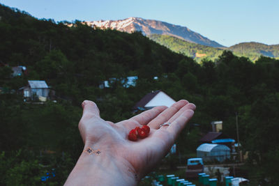 Close-up of human hand against mountain