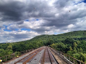 Railroad track against cloudy sky