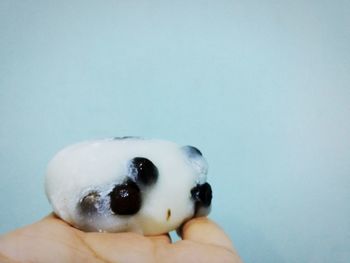 Close-up of hand holding apple against white background