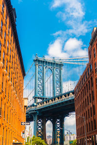 Low angle view of bridge and buildings against sky
