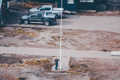 High angle view of man working on road