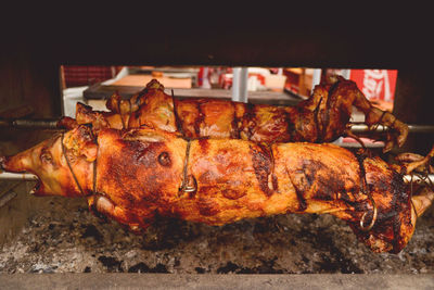Close-up of pig over barbecue grill