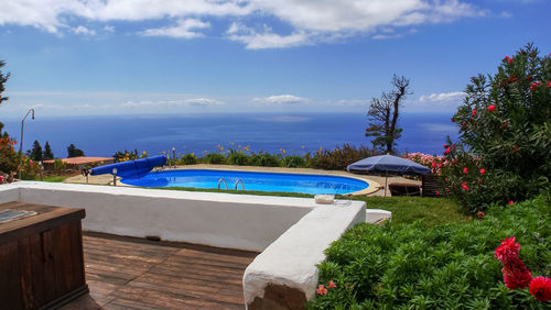 Mountain view from cottage with swimming pool, la palma, canary islands, spain