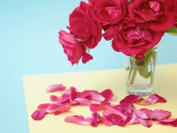 Close-up of pink roses in vase on table
