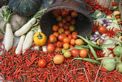 High angle view of fruits in basket