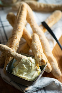 High angle view of bread in plate on table