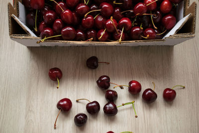 High angle view of cherries in basket on table