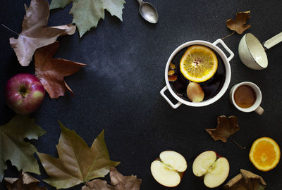 High angle view of fruits served on table