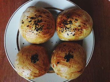 High angle view of bread in plate on table