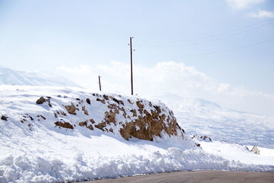 Scenic view of snow covered mountains against sky