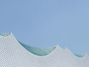 Low angle view of roof against clear blue sky