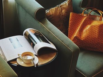 High angle view of coffee on table