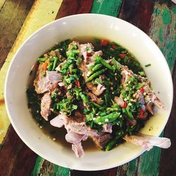 High angle view of salad in bowl on table