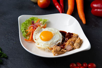 High angle view of breakfast served on table