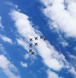 Low angle view of airshow against sky