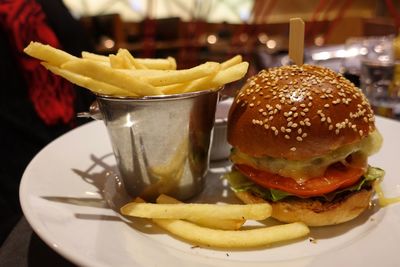 Close-up of burger on table