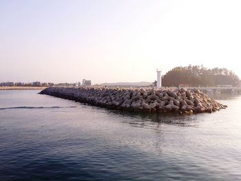 Groyne in sea against clear sky