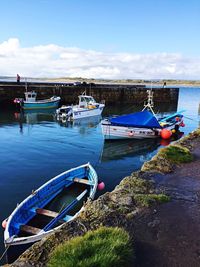 Boats moored at harbor against sky