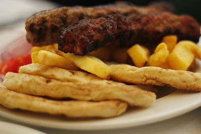 Close-up of meat and fries in plate