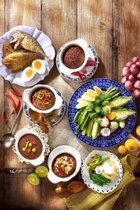 High angle view of meal served on table