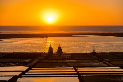 Scenic view of sea against orange sky