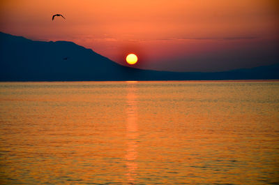 Scenic view of sea against orange sky