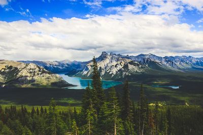 Scenic view of lake and mountains against sky