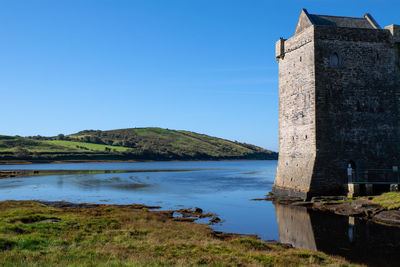 Old building by lake against clear blue sky