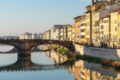 Bridge over river by buildings against sky in city