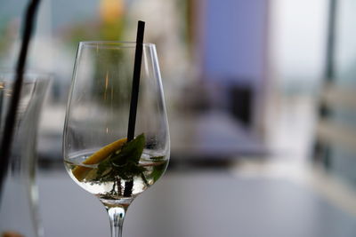 Close-up of wine glass on table