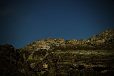 Low angle view of rock formations against clear blue sky