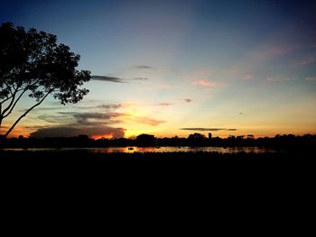 Silhouette trees on field against sky at sunset