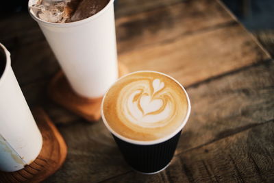 High angle view of cappuccino on table