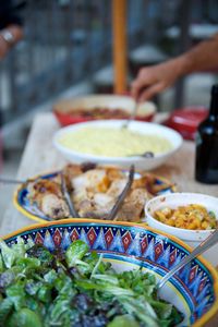 High angle view of served lunch on table