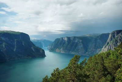 Scenic view of sea and mountains against sky