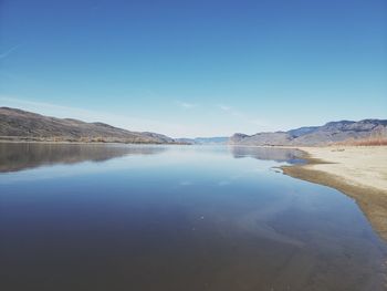 Scenic view of lake against clear blue sky