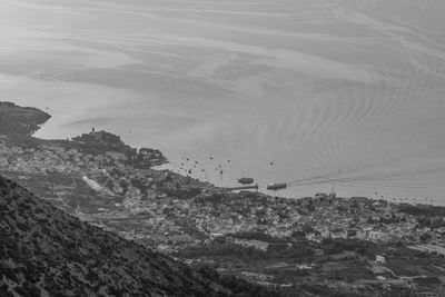 High angle view of land against mountain