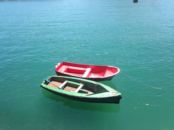 High angle view of ship moored on sea