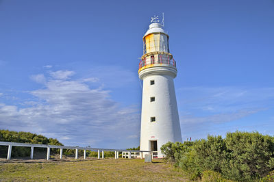 Lighthouse by building against sky