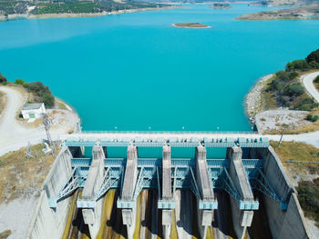 Aerial view of water reservoir and closed reservoir locks of a dam. berdan dam, mersin, turkey