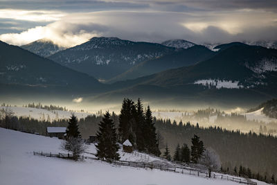 Scenic view of snow covered mountains against sky