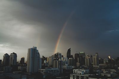 Rainbow over city buildings against sky