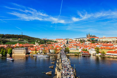 High angle view of townscape by river against sky