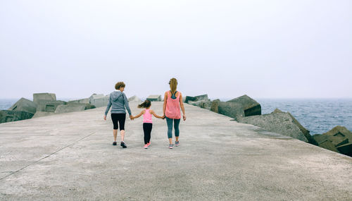 Rear view of women walking on shore against clear sky