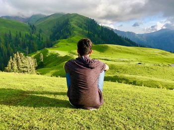 Rear view of man sitting on landscape