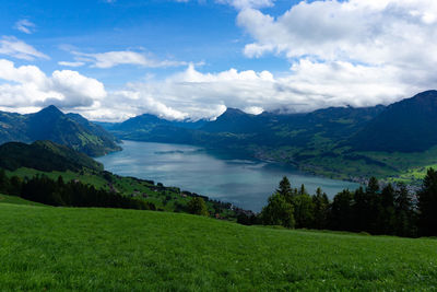 Scenic view of field and mountains against sky