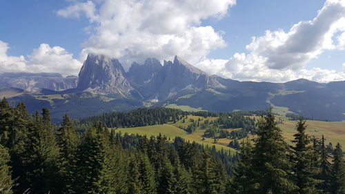 Scenic view of mountains against cloudy sky