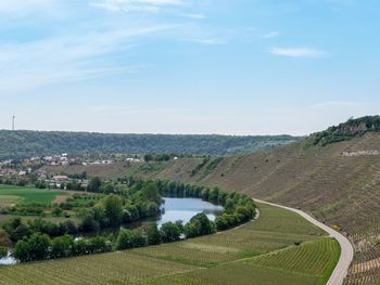 High angle view of agricultural landscape against sky