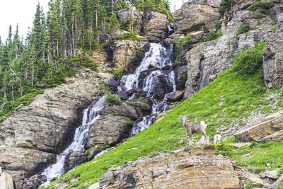 View of waterfall along rocks